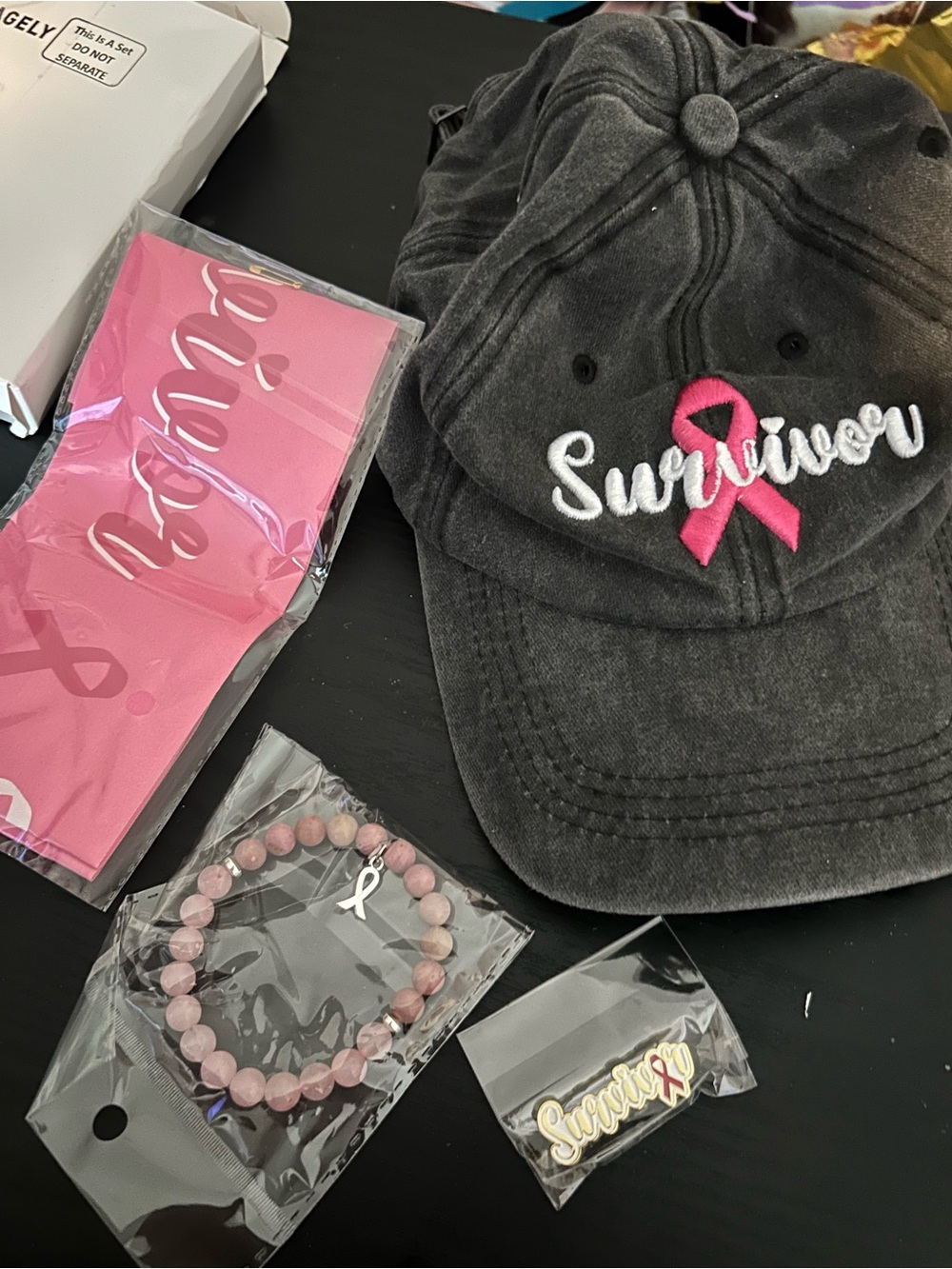 Survivor Embroidered Washed Charcoal Cap with Pink Ribbon